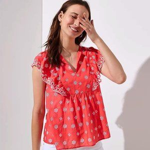 LOFT Coral Red Floral Eyelet Embroidery Ruffle Flutter V-Neck Blouse small
